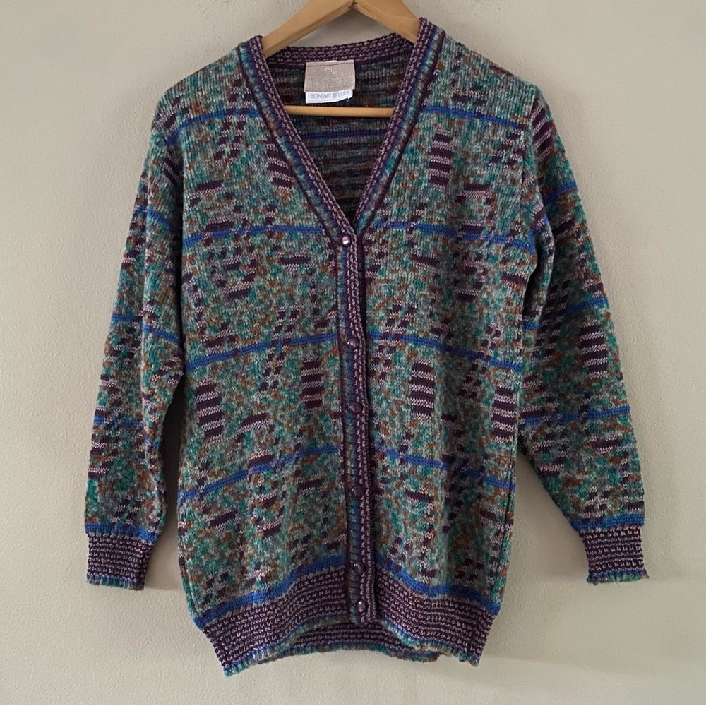 Vintage Bonwit Teller Women’s Colorful 80s V-Neck Grandpa Cardigan Size SMALL